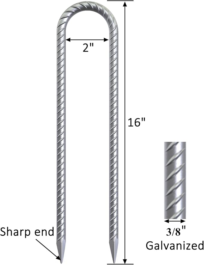 OK5STAR 16 Inch Heavy Duty Trampoline Stakes, U Shaped Rebar Ground Anchors for High Wind, 3/8" Thick Steel U Shaped Stakes for Trampoline, Tent, Canopy, Swing Set, Playground & Bounce House, 8 Pack