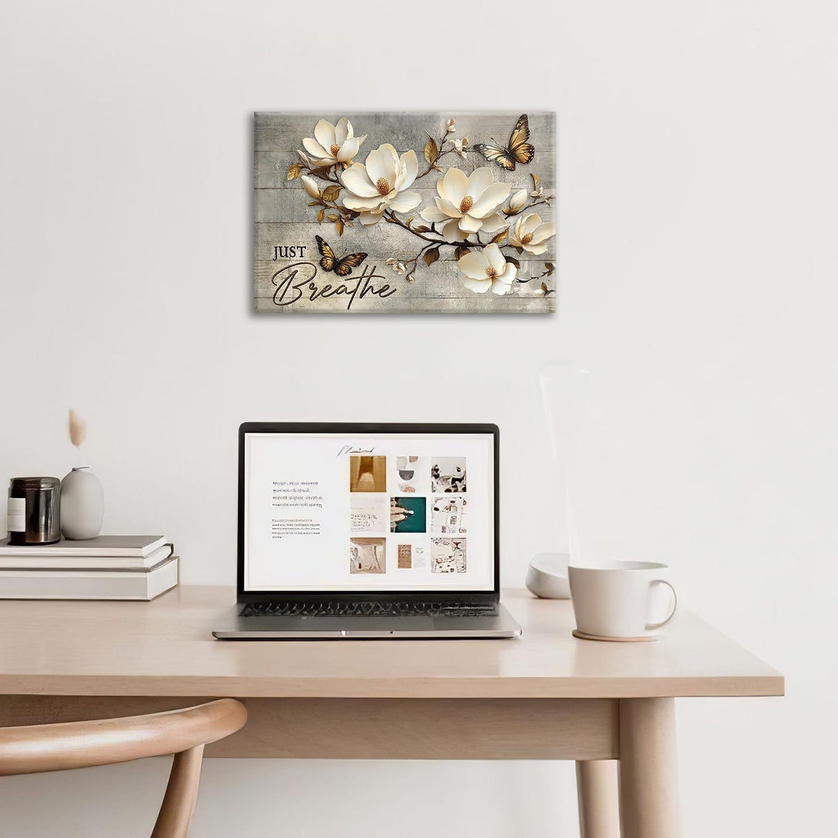 Floral Magnolia Bathroom Pictures Wall Art, Just Breathe Bathroom Wall Decor, Flower Butterfly Framed Painting Canvas Artwork for Bedroom Living Room Decorations 24"L x 16"W