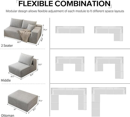 168.5" Modular Sectional Sofa, Oversized U-Shaped Minimalist Couches with 3 Middle Seats Chaise, Modern Deep Seat Convertible Sleeper Sofa, Cloud Plush Corduroy Fabric,7 Seater, Grey