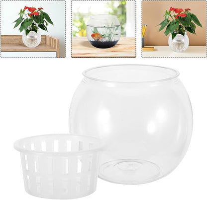 GLEAVI Betta Aquarium Small Fish Bowl with Hydroponic Planter Basket, Plastic Terrarium Container for Desktop Micro Landscape and Betta Fish Tank Accessories