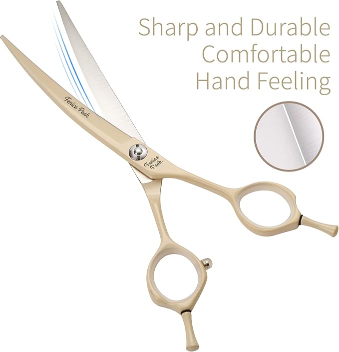 Fenice Peak Curved Dog Grooming Scissors with Cream Color Coating 440C Stainless Steel Pet Grooming Bending Shears Sharp and Durable Comfortable Engonomic Handle