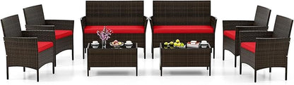 HAPPYGRILL 8 Pieces Outdoor Rattan Conversation Set, Patio Wicker Furniture Set with Loveseat Chairs & Tempered Glass Coffee Table, Outside Sectional Sofa Set for Backyard Garden Poolside, Red
