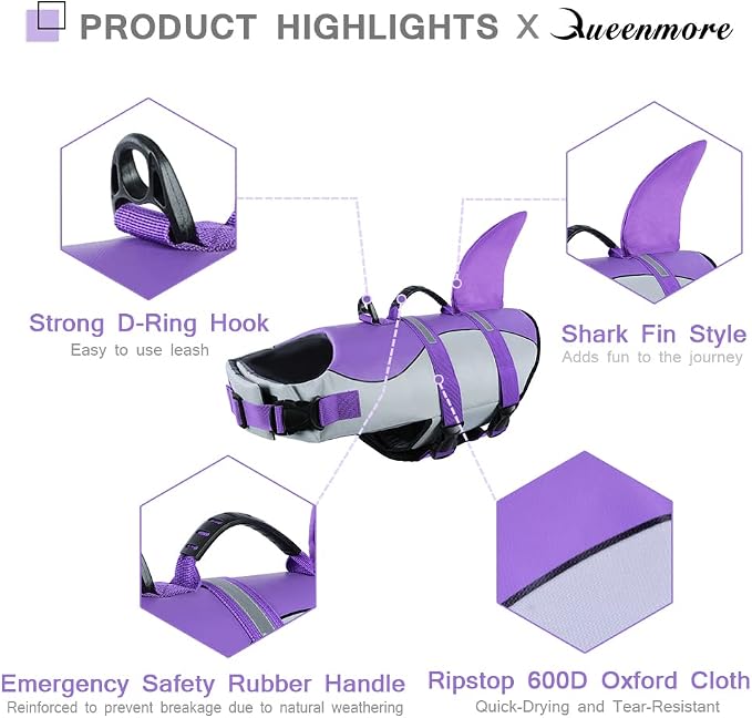 Dog Life Jacket with Rescue Handle - Adjustable Reflective Dog Shark Life Vest for Large Dogs, Purple