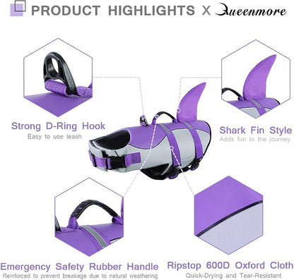 Dog Life Jacket with Rescue Handle - Adjustable Reflective Dog Shark Life Vest for Large Dogs, Purple