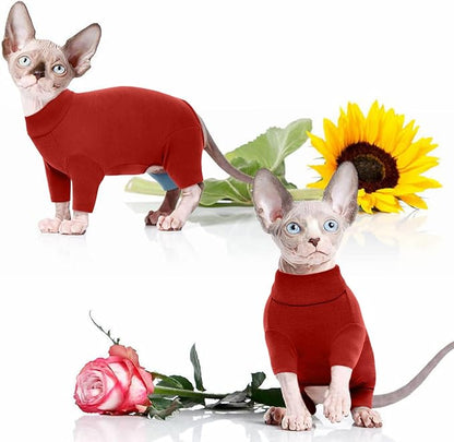ROZKITCH Hairless Cat Clothes, Breathable Soft Cat Jumpers for Cats Only, Cat Coat with Four Legs, Warm Cat Sweater Cat T-Shirt Cat Pajamas Jumpsuit Vest Cornish Rex Devon Rex Peterbald Red M