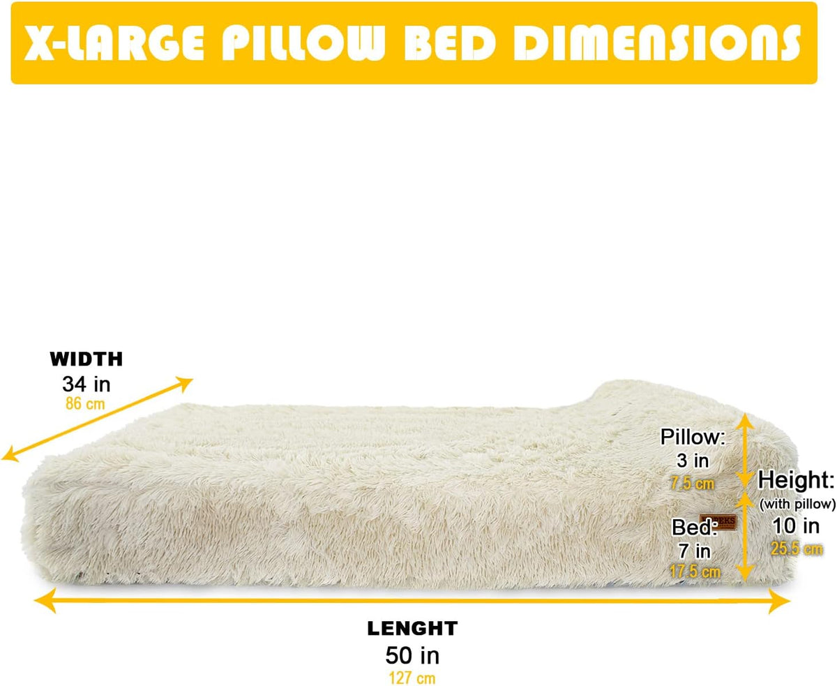 KOPEKS Orthopedic Memory Foam Dog Bed 7" Inch Thick Extra Large Dog Bed with Pillow Fluffy Brown 50"x34"x10" Includes Waterproof Liner & Durable Removable Cover with Smart Design