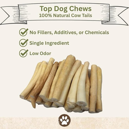 Top Dog Chews - 6 Inch Cow Tails, High-Protein Dog Treats, 100% Naturally Sourced Dog Chew from Free Range Grass-Fed Cattle, Beef Bull Puppy Treats (12 Pack)