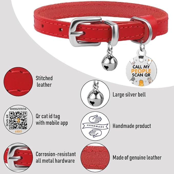BRONZEDOG Leather Cat Collar with Removable Bells Non Breakaway Kitten QR Tag for Girl Boy (9" - 12" Cats/Mini Dogs, Red & Silver)