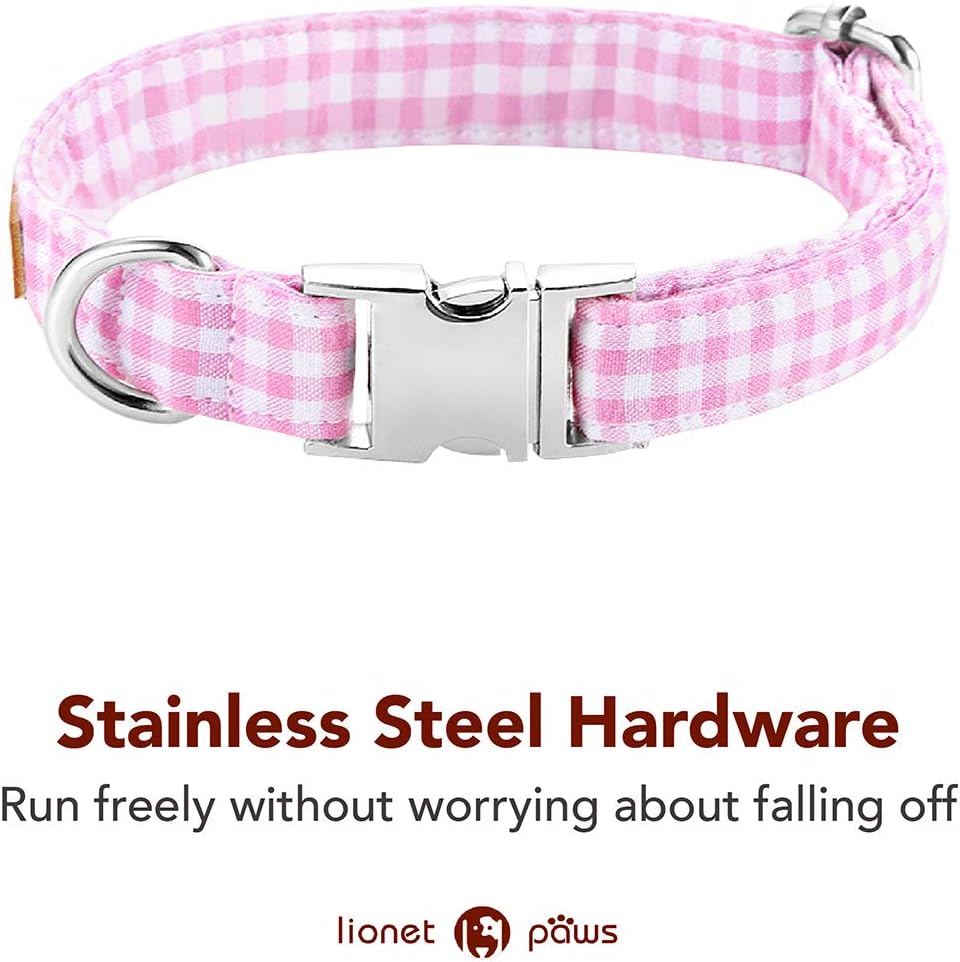 Lionet Paws Dog Collar with Bowtie, Comfortable Adjustable Cute Pink Gingham Bow Tie Collar for Female Dogs Gift, Medium, Neck 13.5-22 inches