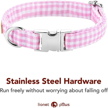 Lionet Paws Dog Collar with Bowtie, Comfortable Adjustable Cute Pink Gingham Bow Tie Collar for Female Dogs Gift, Medium, Neck 13.5-22 inches