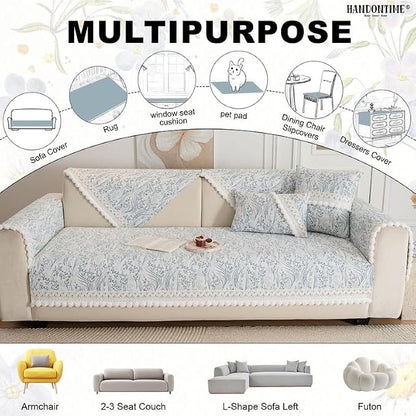 HANDONTIME Floral Chenille Sofa Cover, White Plush Fringed Dog Couch Cover, Jacquard Dog Mat for Couch Sofa, Washable & Anti-Slip Pet-Friendly Furniture Protector for Sectionals (Blue,35.4" x 63")