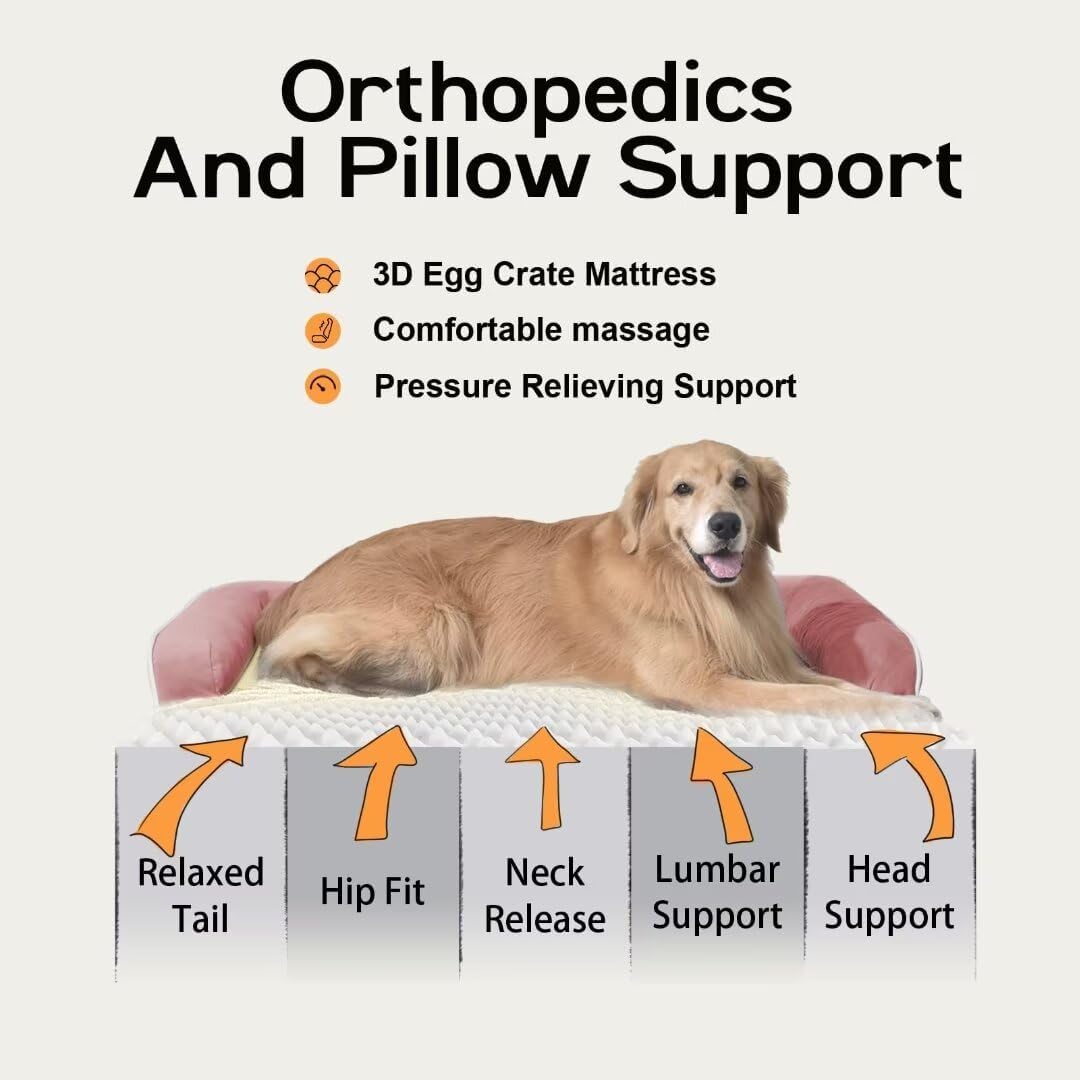 Orthopedic Washable Large Dog Bed, Pink Dog Beds with Removable Cover, Large XXXL Pet Dogs with Bolster, Washable Dogs Beds Sofa with Orthopedic Egg Foam for Medium Large Pet