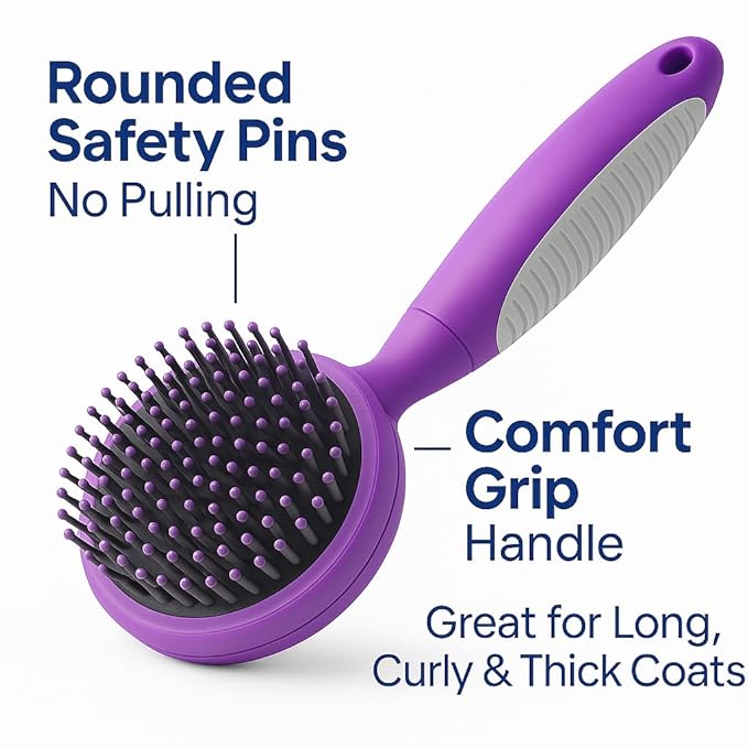 Round Bristle Pet Brush for Dogs and Cats - Soft Dog Brush for Grooming Short or Long Hair - Gentle Tool for Sensitive Skin Removes Dander, Dirt, and Detangles (Purple)