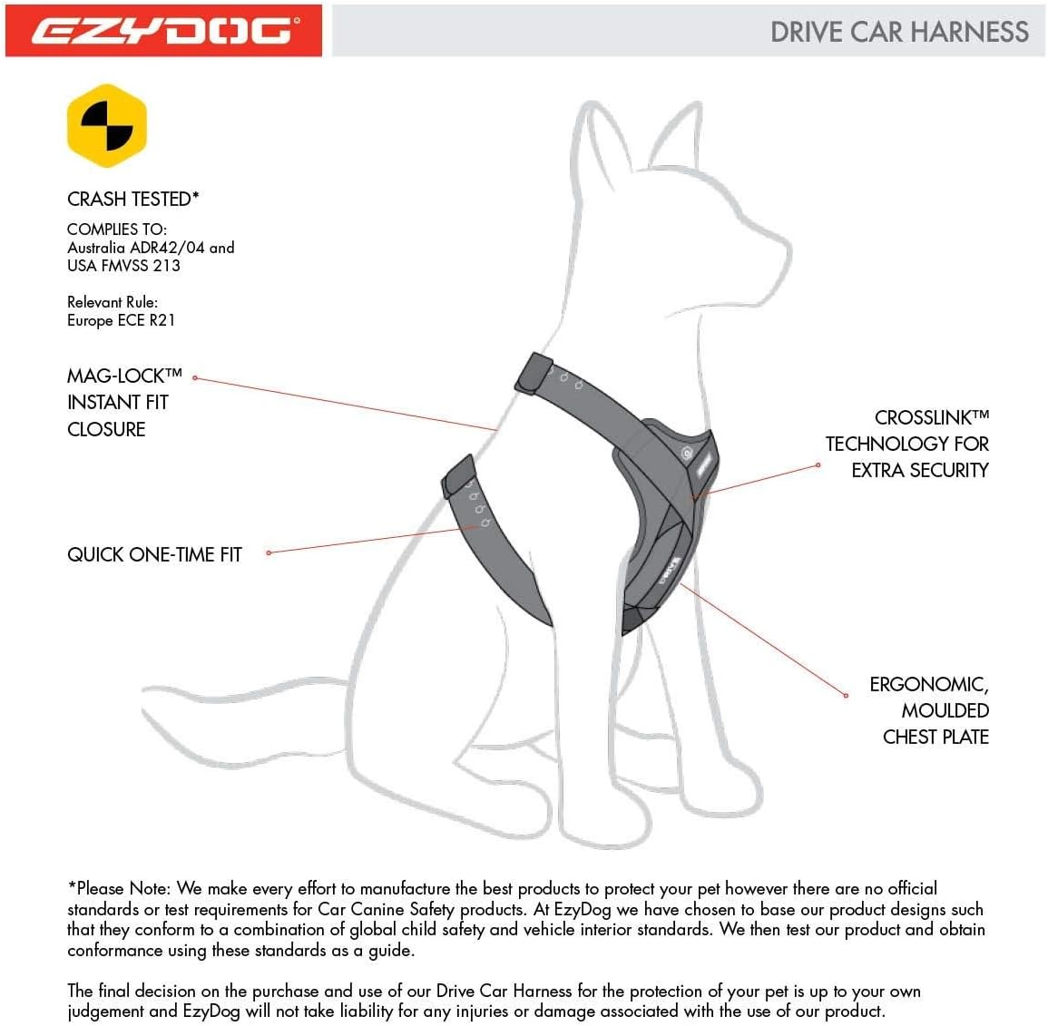 EzyDog Drive Dog Car Harness – Crash Tested and Certified (US-FMVSS 213) Dog Seat Belt Harness for Safe Travel, Adjustable with Padded Comfort (Large)