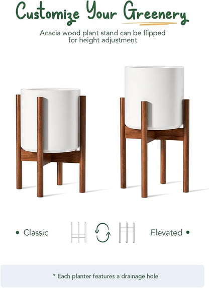 LE TAUCI Indoor Planter with Stand, 10 + 8 Inch, Set of 2, Ceramic Pot for Indoor Plants with Acacia Wood Holder, Mid-Century Modern Home Decor, Round Flower Pots with Drainage Hole, White