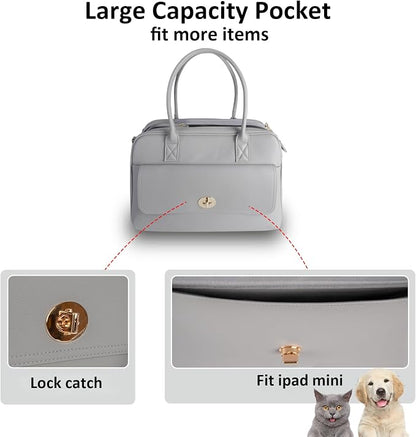 Fashion Pet Carrier Dog Purse Carrier Cat Soft-Sided Carriers for Puppy Kitten, Stylish Leather Handbag Tote Travel Pet Bag for Small Dogs Cats, TSA Airline Approved (Grey)