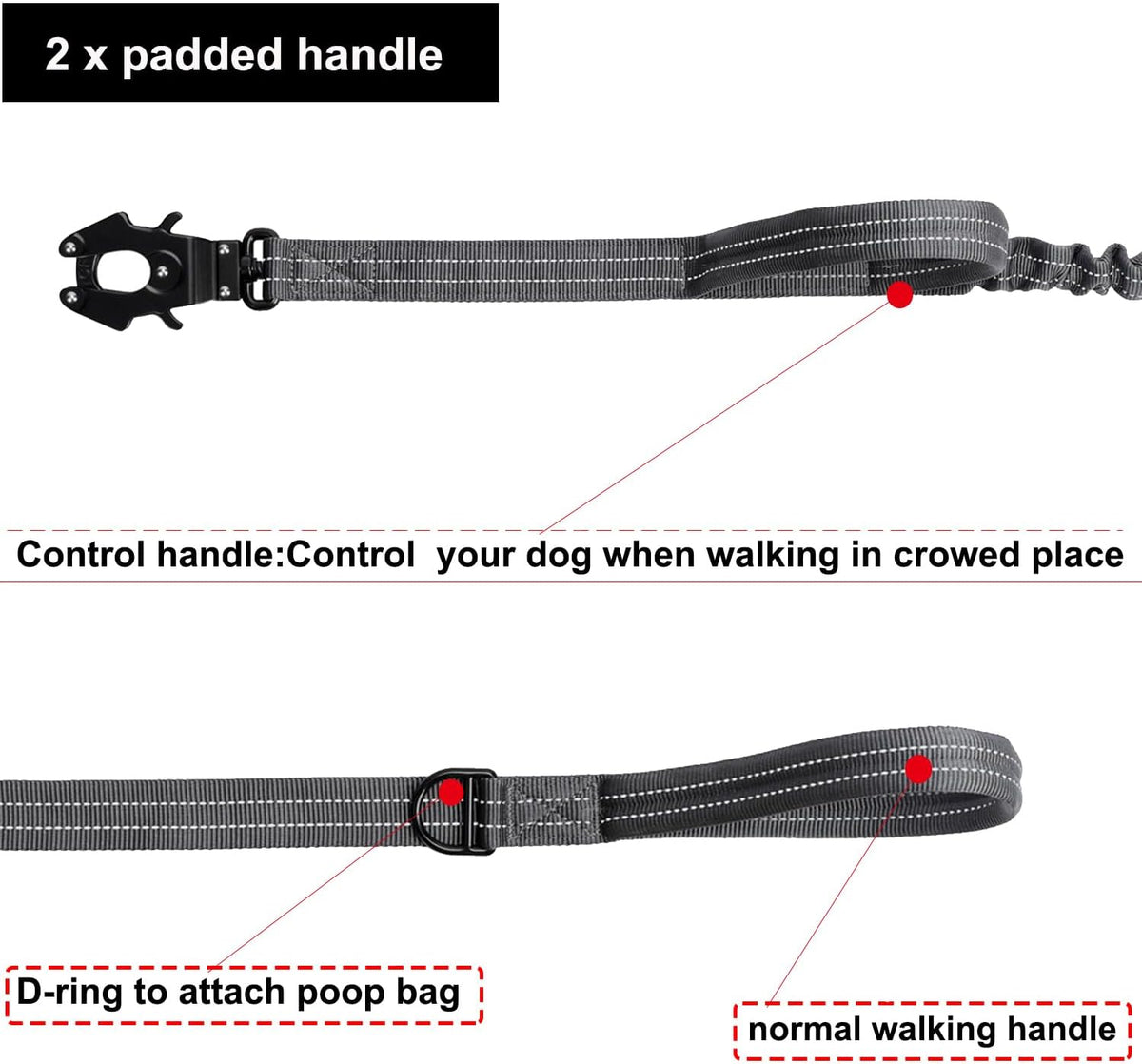 ICEFANG Tactical Dog Leash,K9 Training Walking Bungee Lead with 2 Control Handle,Heavy Duty Quick Release Metal Clasp,for Medium Large Breed (Reflective Grey, 6 FT)