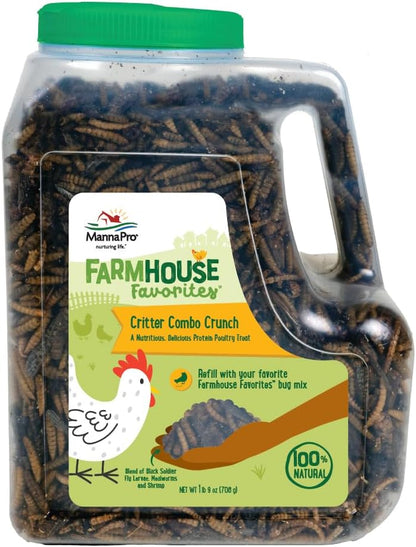 Manna Pro Farmhouse Favorites Critter Combo Crunch Bug Jug – Engaging Poultry Treat – Blend of Black Solider Fly Larvae, Mealworms & Shrimp – Great Source of Protein – Encourages Foraging – 25oz