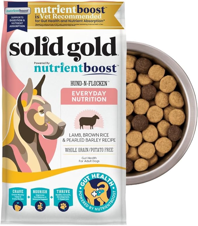 Solid Gold Lamb Dog Food Dry for Adult & Senior Dogs– High Protein Healthy Dog Kibble for Medium & Large Breeds – Whole Grain, Omega 3 & Probiotics for Gut Health & Digestion – Nutrientboost™ –3.75LB