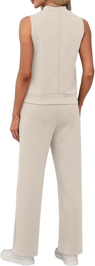 XIEERDUO Two Piece Sets for Women Summer Outfits Travel Mock Neck Lounge Sets Wide Leg Pants Beach Vacation Clothes