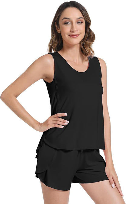 NACHILA Pajamas for Women-Viscose from Bamboo, Ribbed Racerback Tank Top Sexy Split Shorts Pajama Sets Cooling Sleep Cami Pjs