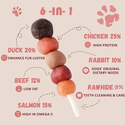 6-in-1 Kabobs Dog Treats, Multi-Flavor Jerky Treats Made with Chicken, Duck, Salmon, Beef, and Rabbit on Rawhide Sticks, Healthy Long Lasting Dog Chews for Small Medium Large Dogs, 10.6 oz
