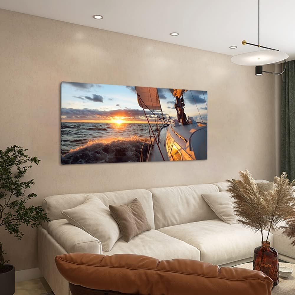 Yacht Sailing in Sea at Sunset Scenery Canvas Wall Art for Living Room Bathroom,Close-up View of Deck Mast Sails Picture Print Artwork Painting Decor,Epic Seascape Scenic Landscape,Inner Frame 24x48