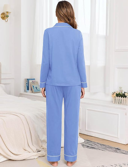 Veseacky 100% Cotton Pajamas for Women Set Long Sleeve Button Down Sleepwear Soft Pjs Lounge Sets with Pockets XS-XXL