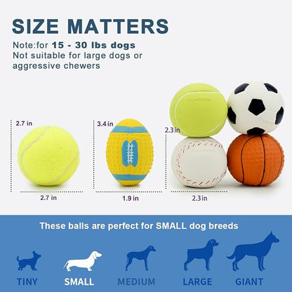 Squeaky Dog Ball, Soft Latex Rubber Squeaky Dog Toys for Small Dogs Puppies, Cute Squeak Toys Play Ball - Tennis, Soccer, Football, Basketball and Baseball 5 Pack