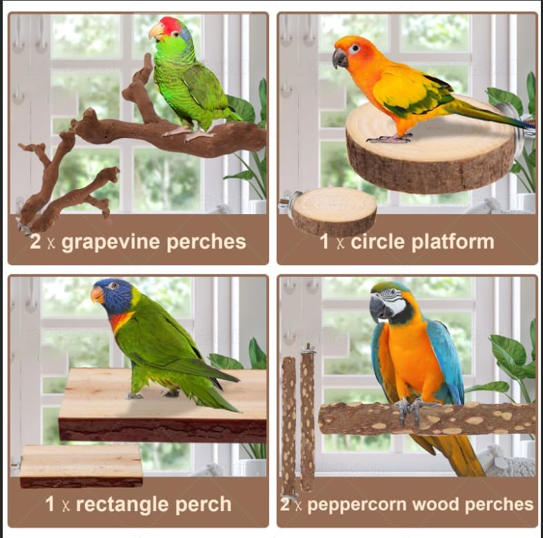 Parrot Perch Bird Perch Stand Set Natural Wild Wood Grape Sticks Paw Grinding Fork Parakeet Climbing Standing Branches Toys Cage Accessories for Conure,Cockatiels Lovebirds,Budgies Chewable 6PC