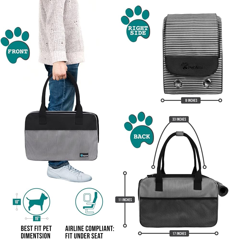 PetAmi Dog Purse Carrier for Small Dogs, Airline Approved Soft Sided Pet Carrier with Pockets, Ventilated Dog Carrying Bag for Puppy Cat, Dog Travel Supplies Bag, Sherpa Bed, Max 12 lbs, Stripe Black