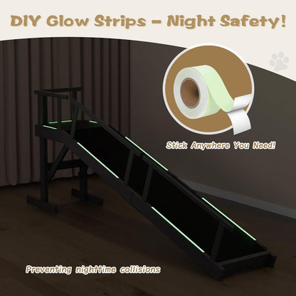 61" Dog Ramp for Bed, Pet Ramp with Removable Side Rail and Non-Slip Surface, Pet Ramp for Small & Large & Senior Dogs with Rest Platform and DIY Glow Strips,Dog Stairs for Couch,Black