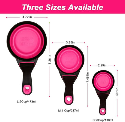Collapsible Silicone Dog Food Scoop Foldable Pet Food Measuring Cup with Bag Clip 3 in 1 Multi-Function Silicone Dog Food Scooper (Rose Red, Medium)