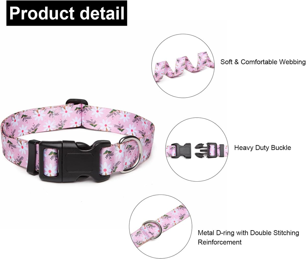 Mercano Adjustable Dog Collar - Special Design Patterns, Soft Nylon Comfortable Durable Pet Collar for Small Medium Large Dogs (M, Pink White Flower)