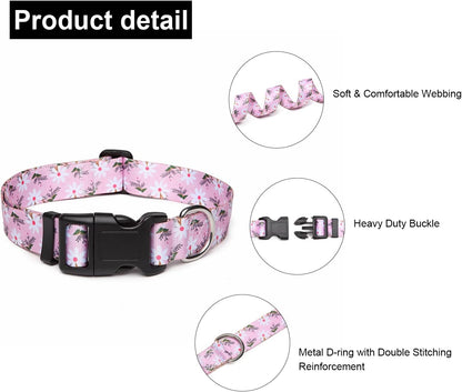 Mercano Adjustable Dog Collar - Special Design Patterns, Soft Nylon Comfortable Durable Pet Collar for Small Medium Large Dogs (M, Pink White Flower)