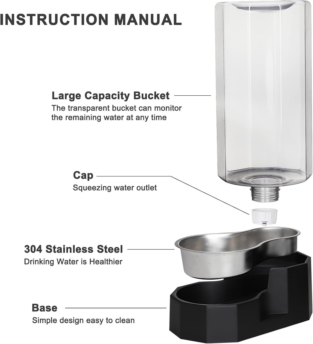 Sfozstra Large Dog Water Dispenser: 9L Automatic Black Water Feeder with Stainless Steel Bowl - Without Filter - Gravity Design for Multiple Pets Indoor/Outdoor