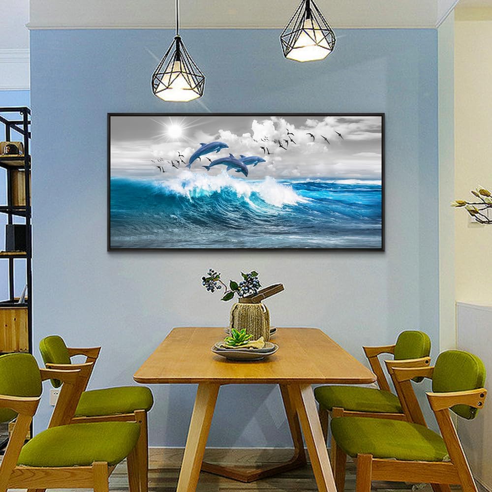 Wapluam Canvas Print Wall Art For Living Room Large Wall Decor For Bedroom Blue Waves Of The Sea Wall Pictures Artwork Modern Office Dolphins Wall Paintings Black Framed Home Decorations Poster