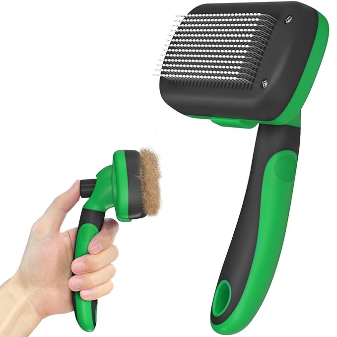 Self Cleaning Deshedding Brush for Dogs & Cats - Skin Friendly Grooming Tool with Hair Removal for Haired Pets, Green