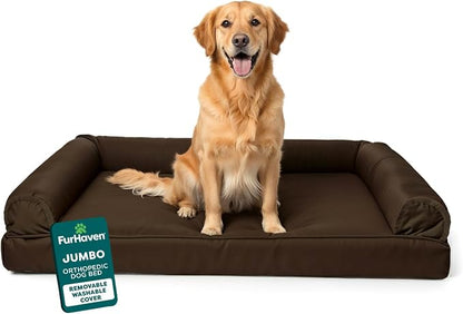 Furhaven Orthopedic Dog Bed for Large Dogs w/ Removable Bolsters & Washable Cover, For Dogs Up to 95 lbs - Plush & Suede Sofa - Espresso, Jumbo/XL