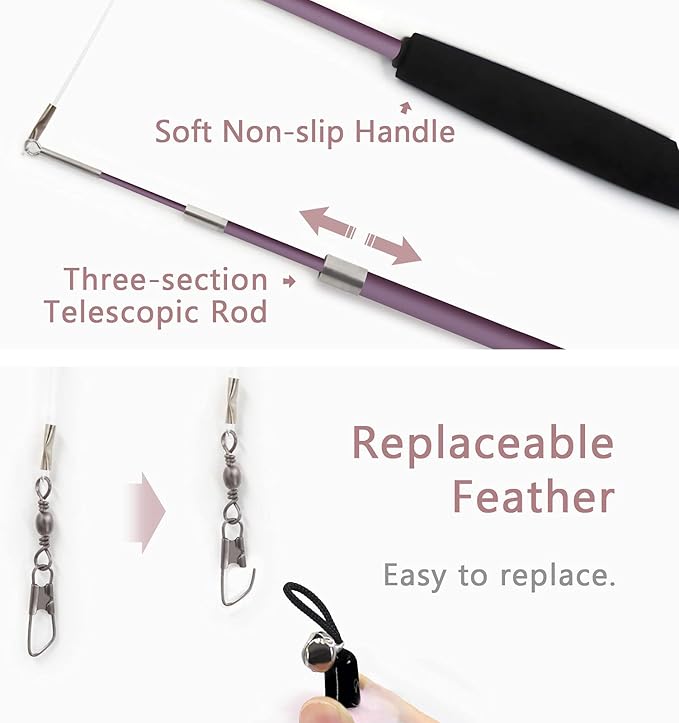 SONGWAY Interactive Cat Feather Toy Set - Retractable Teaser Wand with 6 Pcs Feather Refills with Bell, Cat Wand Toys for Indoor Cats Kittens Play Chase Exercise, Light Pink