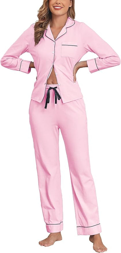 Veseacky 100% Cotton Pajamas for Women Set Long Sleeve Button Down Sleepwear Soft Pjs Lounge Sets with Pockets XS-XXL