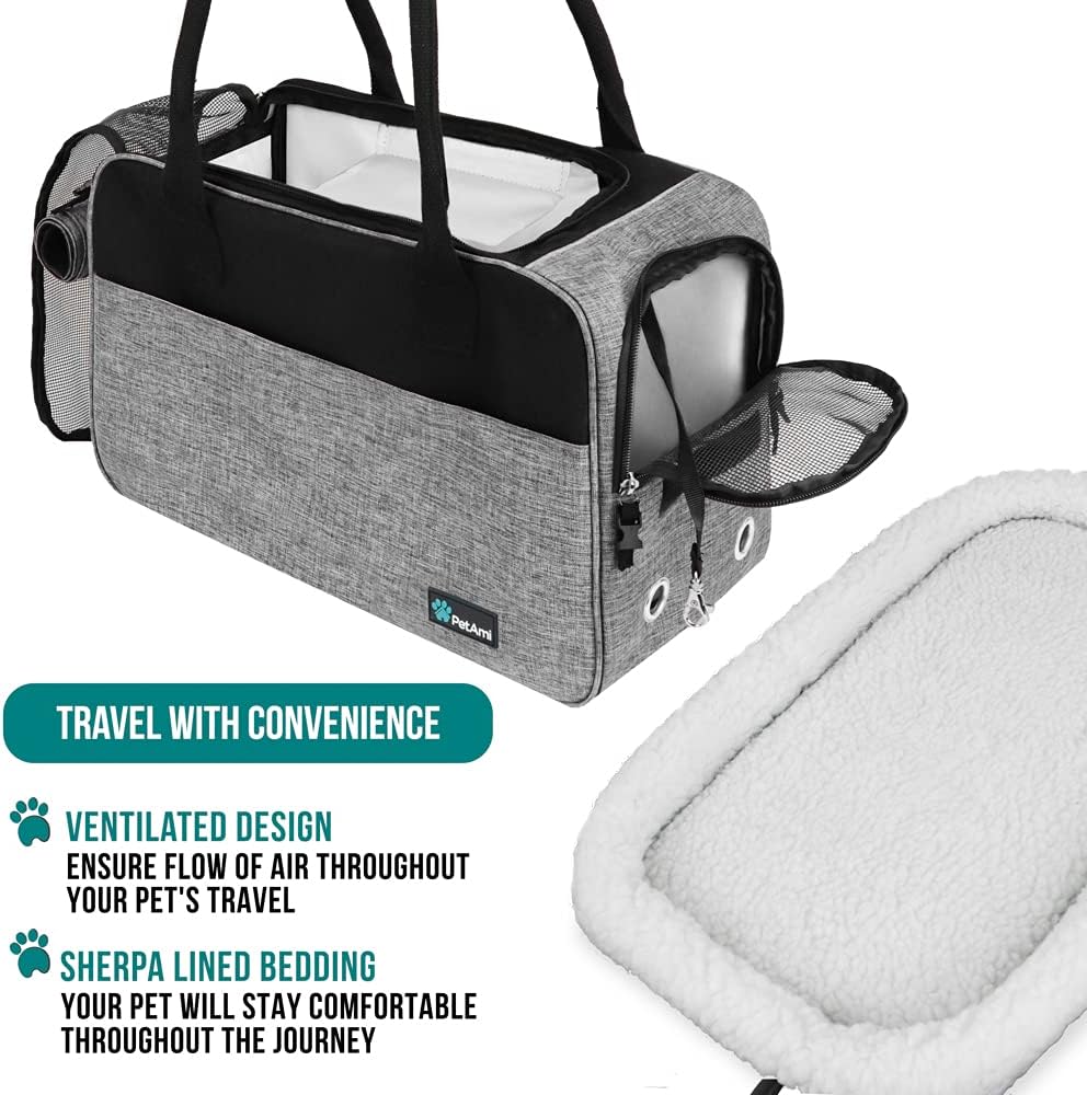 PetAmi Dog Purse Carrier for Small Dogs, Airline Approved Soft Sided Pet Carrier with Pockets, Ventilated Dog Carrying Bag for Puppy Cat, Dog Travel Supplies Bag, Sherpa Bed, Max 12 lbs, Gray
