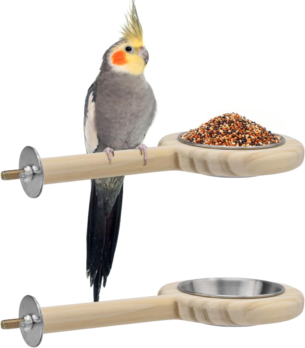 KATUMO Bird Perch Feeding Cup Birds Platform Parrot Wood Perch Stand Toy Cage Accessory for Parakeet Lovebird Cockatiel Conure Budgie Small Parrots (L Perch (Pack of 2))