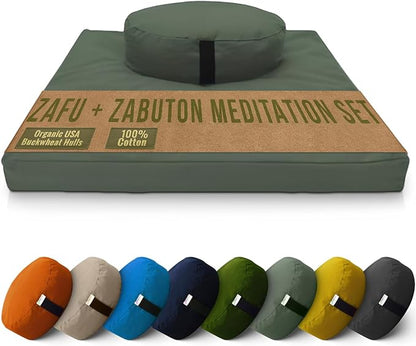 Bean Products Meditation Cushion Mat Set - Zafu Floor Pillow Organic Buckwheat Pillow + Cotton Filled Zabuton Prayer Pad - Meditation Pillow Yoga Knee Pad - Made in USA - 14" Round or 18" Oval