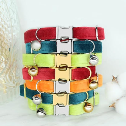 Personalized Cat Collar with Name Plate,Adjustable Tough Nylon Cat ID Collars with Bell,Customize Engraved Pet Name and Phone Number (Velvet Style D)