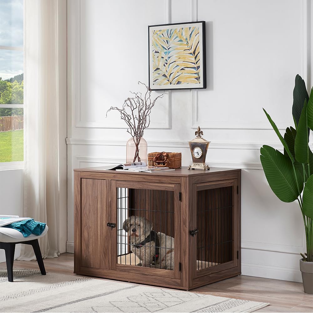 unipaws 38.5 Inch Furniture Style Dog Crate for Medium Large Dogs, Indoor Aesthetic Dog Stuff Kennel, Modern Decorative Wood Wire Cage, Pretty Cute End Side Table Nightstand, Walnut