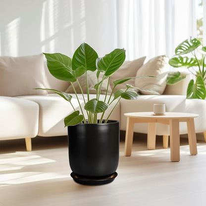 Ceramic Planter 10 Inch - Ceramic Pot for Indoor Plants Outdoor Plant Pot with Drainage Hole and Saucer Cylinder Flower Pot Black