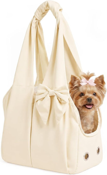 Fashion Dog Purse Carrier for Small Dogs and Cats, Soft-Sided Puppy Tote Bag Under 15 lbs, Lightweight Pet Carrier with 4 Pockets, Smart Zipper Lock, Pet Travel Bag for Travel Outdoor(Beige)