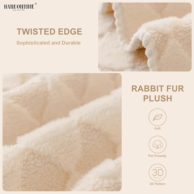 HANDONTIME Non-Slip Pet Couch Cover Washable, Plush Faux Fur Couch Protector for Cushion Pet-Friendly Sofa Covers for Dogs, Checkered Diamond Sectional Covers Dog Mat for Sofa (Khaki, 35.6" x 63")