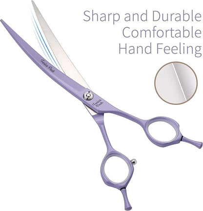 Fenice Peak Curved Dog Grooming Scissors with Violet Color Coating 440C Stainless Steel Pet Grooming Bending Shears Sharp and Durable Comfortable Engonomic Handle